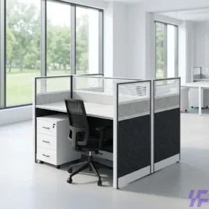 White 2-seater working station with modern dual-desk design, privacy partition, and durable spacious work surfaces, efficient office workstation solution for collaborative team productivity in Kenya