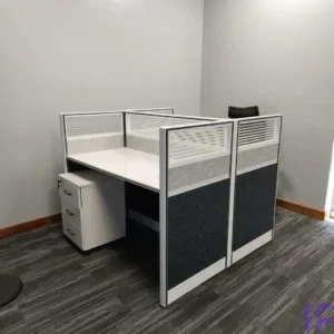 White 2-seater working station with modern dual-desk design, privacy partition, and durable spacious work surfaces, efficient office workstation solution for collaborative team productivity in Kenya