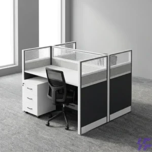 White 2-seater working station with modern dual-desk design, privacy partition, and durable spacious work surfaces, efficient office workstation solution for collaborative team productivity in Kenya