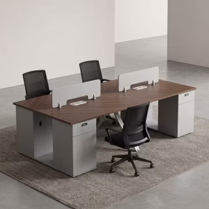 Modern white and gray 4-Seater Office Workstation Desk with fabric privacy screens and integrated cable management