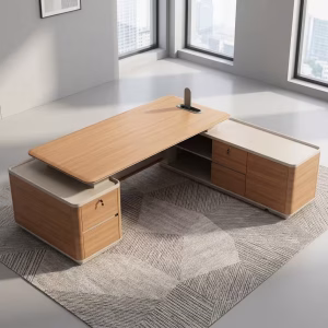 Luxury walnut wood 2.2M Modern L-Shaped Executive Office Desk with integrated side return cabinet for corporate executive suites