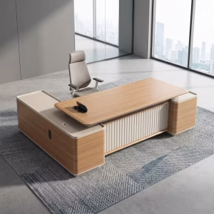 Luxury walnut wood 2.2M Modern L-Shaped Executive Office Desk with integrated side return cabinet for corporate executive suites