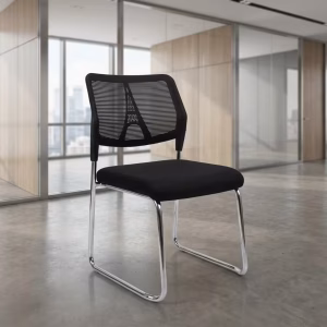 Sleek black Ergonomic Armless Office Guest Chair with breathable mesh back and mobile swivel base for corporate reception desks