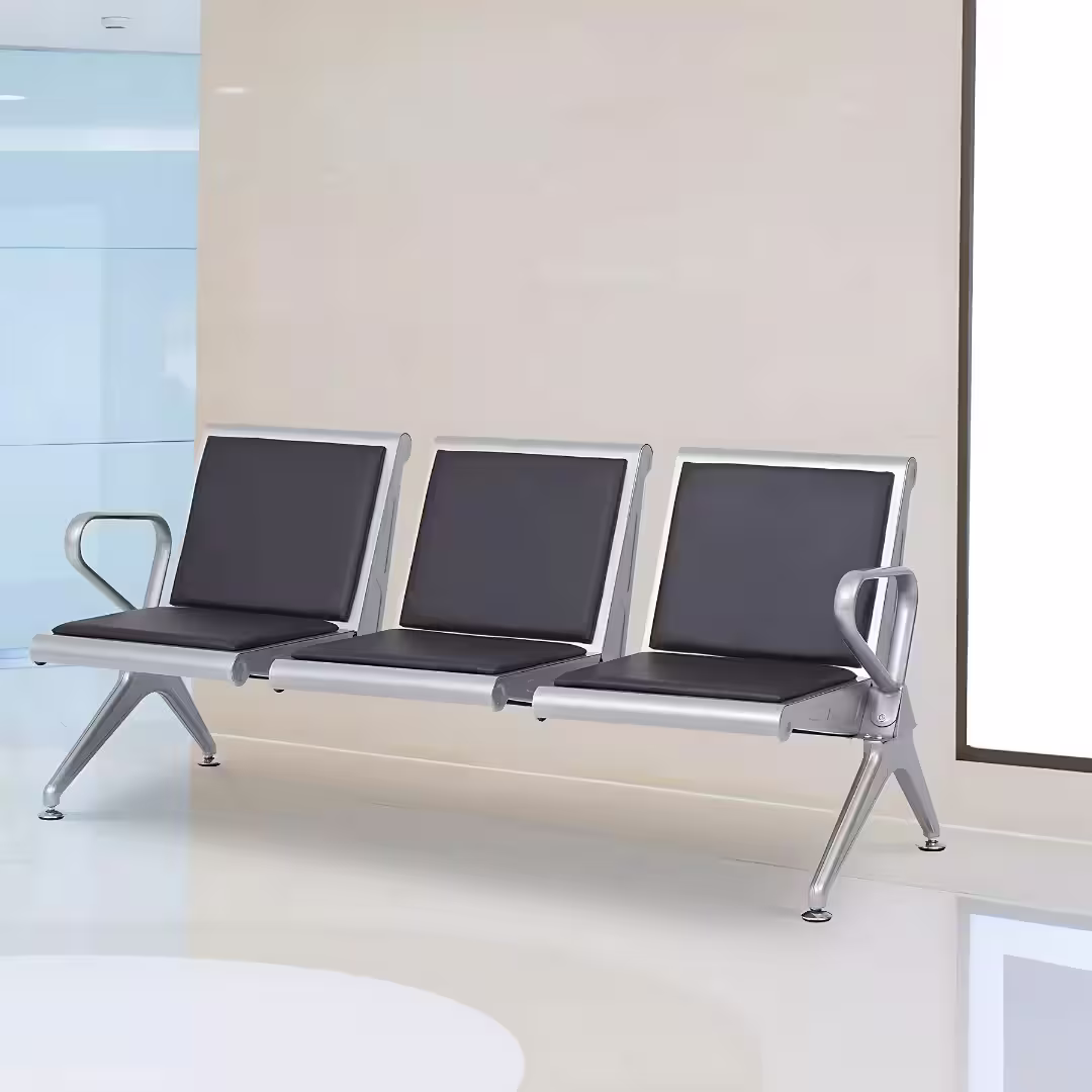Contemporary black Padded Heavy-Duty Office Waiting Bench with chromed steel legs for corporate office waiting rooms Contemporary black Padded Heavy-Duty Office Waiting Bench with chromed steel legs for corporate office waiting rooms