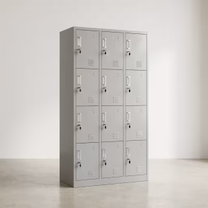 Modern gray 12-Door Steel Storage Locker with individual key locks for office and gym employee storage