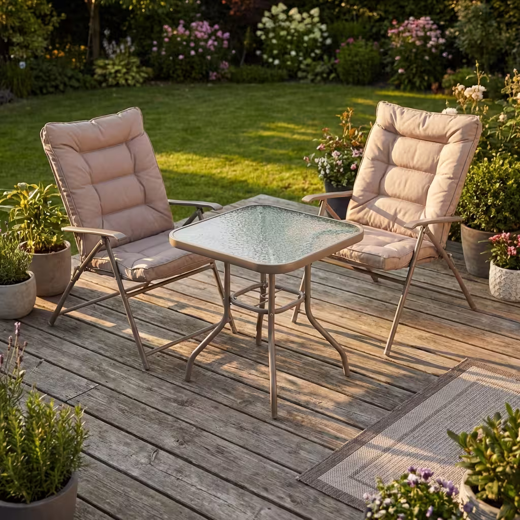 Modern matte black 3-Piece Outdoor Bistro Set with foldable steel table and two chairs for corporate office balconies Modern matte black 3-Piece Outdoor Bistro Set with foldable steel table and two chairs for corporate office balconies