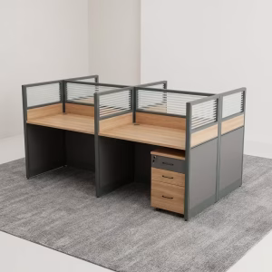 Modern white and gray 4-Seater Office Workstation Desk with fabric privacy screens and integrated cable management