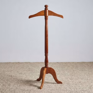 Classic walnut Wooden Suit Valet coat hanger with contoured jacket frame and accessory tray for executive offices