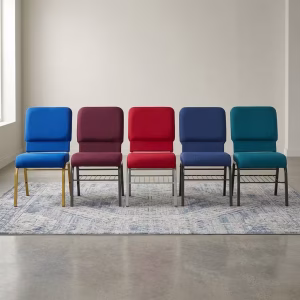 Navy blue Upholstered Stacking Sanctuary Chairs with gold vein steel frame and row ganging hooks for assembly halls
