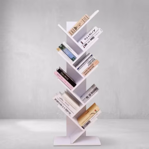 Minimalist 8-Tier Tree Bookshelf White with geometric angled branches for modern office corner book storage