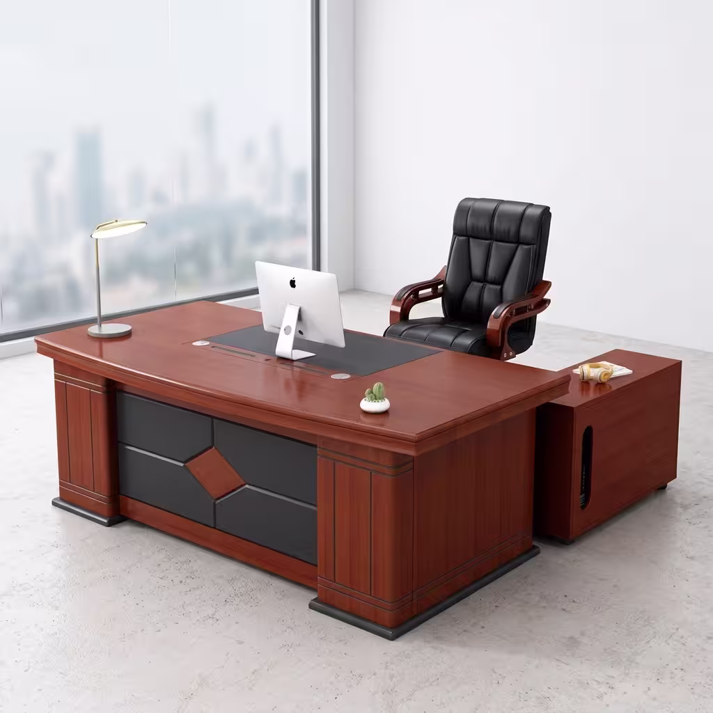 Luxury walnut wood 1.8M Luxury Corporate Director Desk with integrated side return cabinet for corporate executive suites
