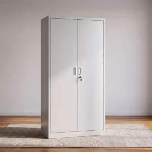 Industrial gray Heavy Duty Steel cabinet with open doors and adjustable shelves for warehouse tool storage
