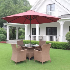 Premium 5 Piece Outdoor Dining Set featuring a modern all-weather table and four ergonomic chairs on a professional patio layout