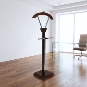 Luxury mahogany-finished Solid Wood Executive Bedroom Valet Stand with contoured jacket hanger and accessory tray for executive offices