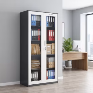 Modern white Steel Cabinet with Full Glass Doors and five adjustable shelves for corporate office document display and secure storage
