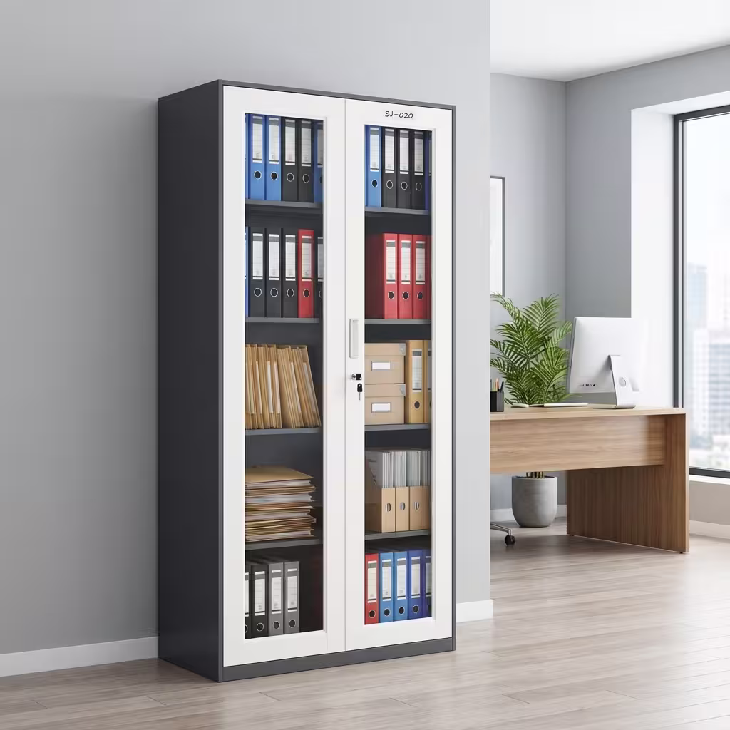 Modern white Steel Cabinet with Full Glass Doors and five adjustable shelves for corporate office document display and secure storage Modern white Steel Cabinet with Full Glass Doors and five adjustable shelves for corporate office document display and secure storage