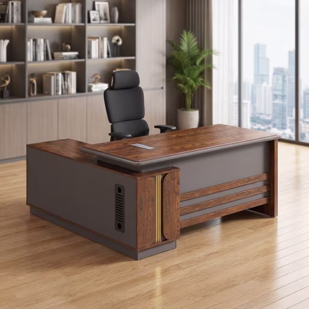 Luxury walnut wood 1.6m L-Shaped Executive Desk with integrated side return cabinet for corporate executive suites Luxury walnut wood 1.6m L-Shaped Executive Desk with integrated side return cabinet for corporate executive suites