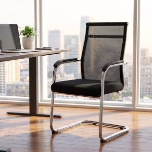 Sleek black Modern Black Mesh Office Guest Chair with breathable backrest and stable chrome cantilever base for corporate reception areas