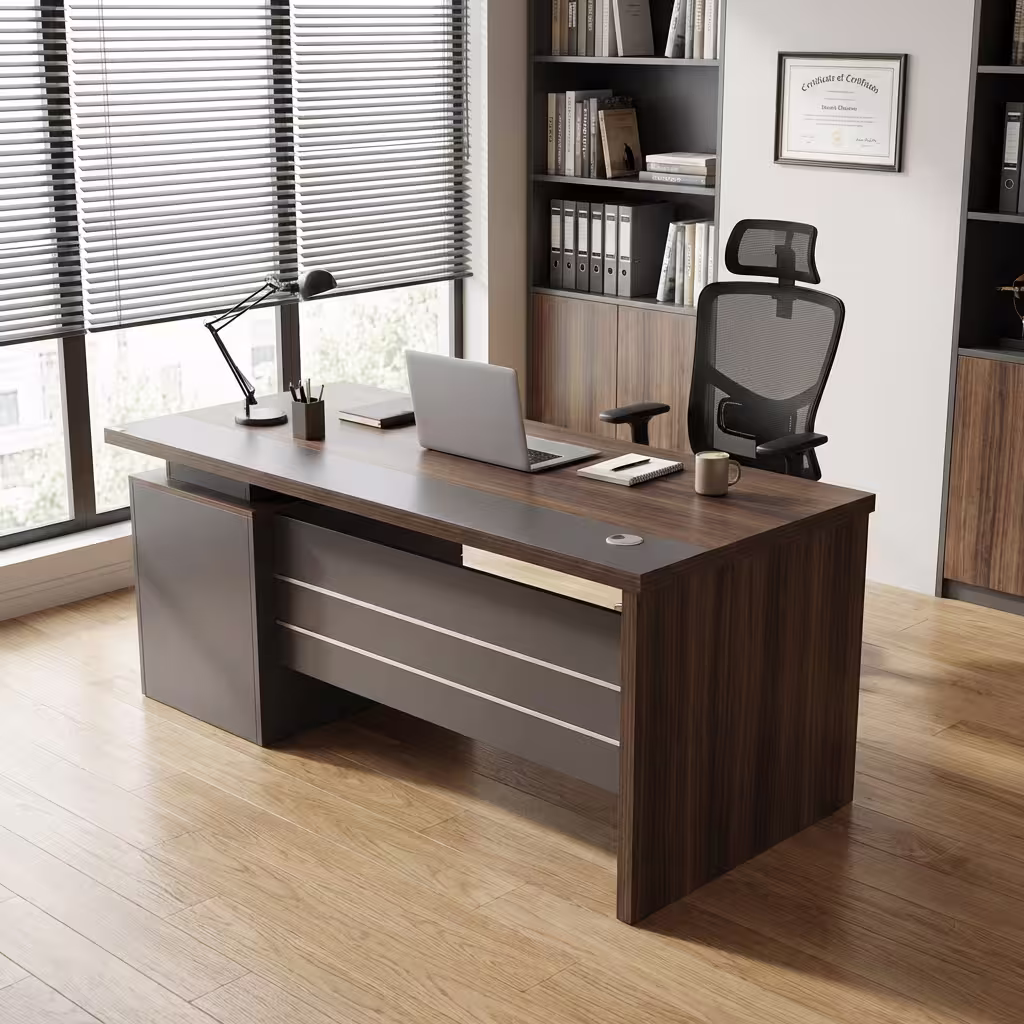 A luxury 1.6M Premium Dark Walnut Desk holding a laptop and modern lamp inside a bright executive office with large windows. A luxury 1.6M Premium Dark Walnut Desk holding a laptop and modern lamp inside a bright executive office with large windows.