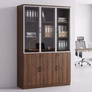 A classic dark brown Three Door Wooden Bookcase filled with neatly organized business binders and law books inside a professional executive office.