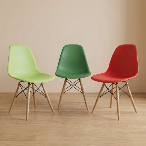 Modern white Eames Style DSW Dining Chair with solid wood legs and black steel cross-brace for corporate office reception areas