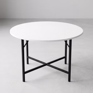 Minimalist 1.5m White Melamine round table with central steel pedestal base for corporate office breakroom seating