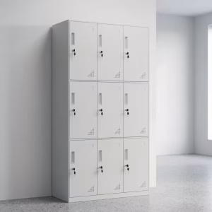 Industrial gray 9 Door Metal Storage cabinet with individual key locks and ventilation slots for secure office storage