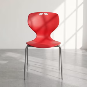 A neat row of vibrant blue Stackable Plastic Side Chair models arranged inside a modern brightly lit corporate training seminar room.