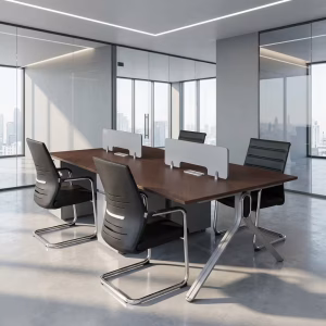 A thick and sleek Dark Walnut Rectangular Desktops panel mounted securely onto a modern black motorized sit-stand desk frame inside a bright study room.