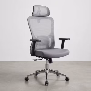 A professional Breathable Grey Mesh Backrest attached securely onto the back of a black ergonomic office task chair.