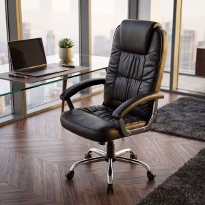 A sleek black Modern Boss Executive Seat positioned neatly behind a matching dark walnut executive computer desk in a bright corner office.