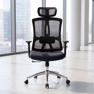 Ergonomic Executive Lumbar Alignment Seat featuring a black mesh backrest with an adjustable headrest and fixed armrests on a polished chrome base.