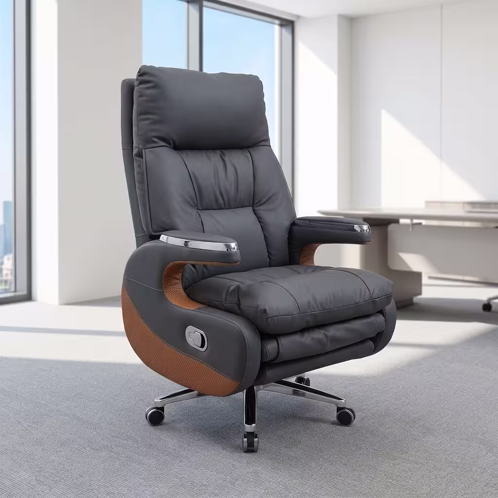 Profile view of a black ergonomic High Back Executive Reclining Office Chair highlighting its tall curved headrest, extendable footrest, and polished aluminum wheel base. Profile view of a black ergonomic High Back Executive Reclining Office Chair highlighting its tall curved headrest, extendable footrest, and polished aluminum wheel base.
