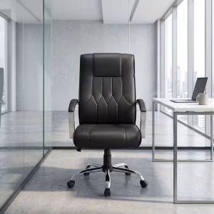 Front angle view of a luxurious black Padded Boss Manager Office Chair highlighting its thick segmented leather cushions, padded armrests, and chrome wheel base.
