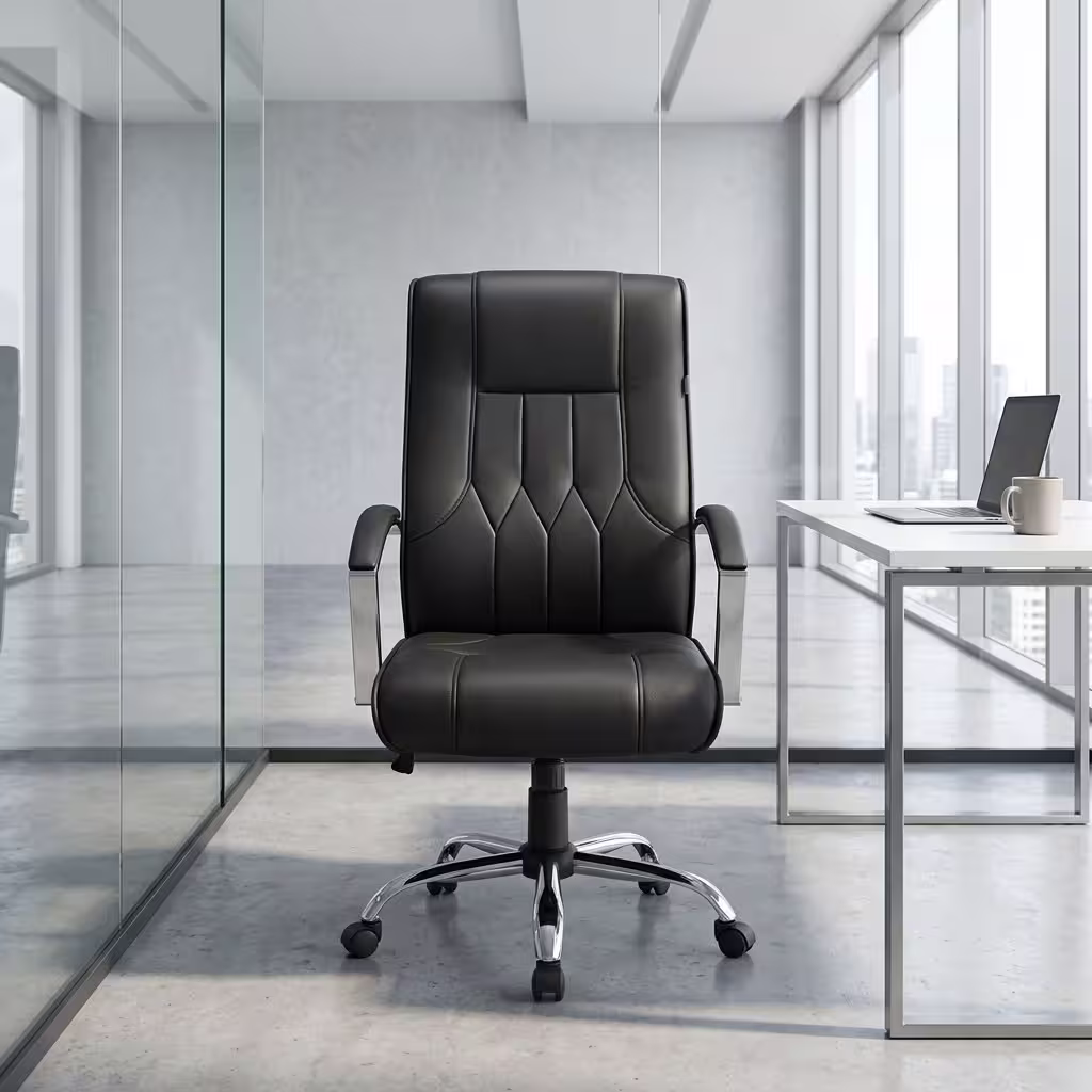Front angle view of a luxurious black Padded Boss Manager Office Chair highlighting its thick segmented leather cushions, padded armrests, and chrome wheel base. Front angle view of a luxurious black Padded Boss Manager Office Chair highlighting its thick segmented leather cushions, padded armrests, and chrome wheel base.