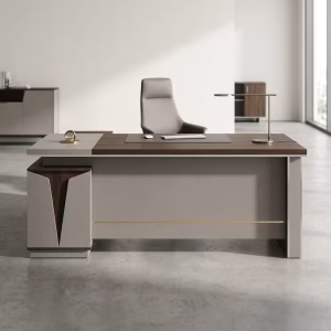 Angled shot of a Luxury 1.8 Meter Director Desk showcasing its dark charcoal top surface, integrated wood grained side return, and silver handles.