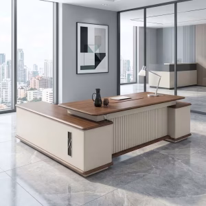 Angled shot of a 2.4M Luxury Modern L-Shaped Executive Desk showcasing its dark charcoal top surface, integrated wood grained side return, and silver handles.