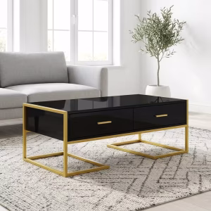 Front angle view of a Tommy Hilfiger Ellias Modern Coffee Table highlighting its semi-gloss black top, two geometric textured drawers, and matte gold metal legs.