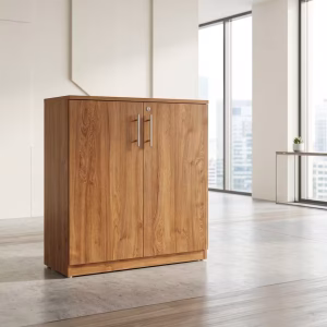 Front view of a minimalist modern Mid-Height Executive Wooden Credenza with closed timber doors showing its clean lines and smooth top counter surface.