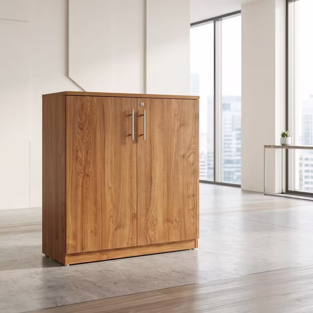 Front view of a minimalist modern Mid-Height Executive Wooden Credenza with closed timber doors showing its clean lines and smooth top counter surface. Front view of a minimalist modern Mid-Height Executive Wooden Credenza with closed timber doors showing its clean lines and smooth top counter surface.
