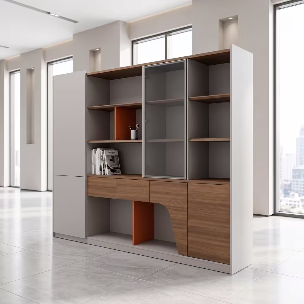 Front view of a modern Large Modular Wooden Office Storage Cabinet with closed timber doors showing its clean lines and premium wood grain finish. Front view of a modern Large Modular Wooden Office Storage Cabinet with closed timber doors showing its clean lines and premium wood grain finish.