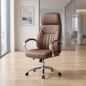 Profile view of a black High Back Executive Office Chair highlighting its tall curved headrest, padded armrests, and polished aluminum wheel base.