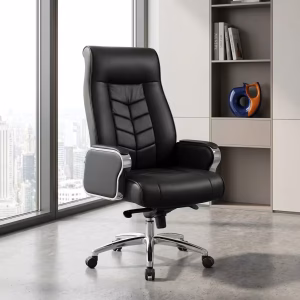 Front angle view of a luxurious black Padded Boss Manager Office Chair highlighting its thick segmented leather cushions, padded armrests, and chrome wheel base.