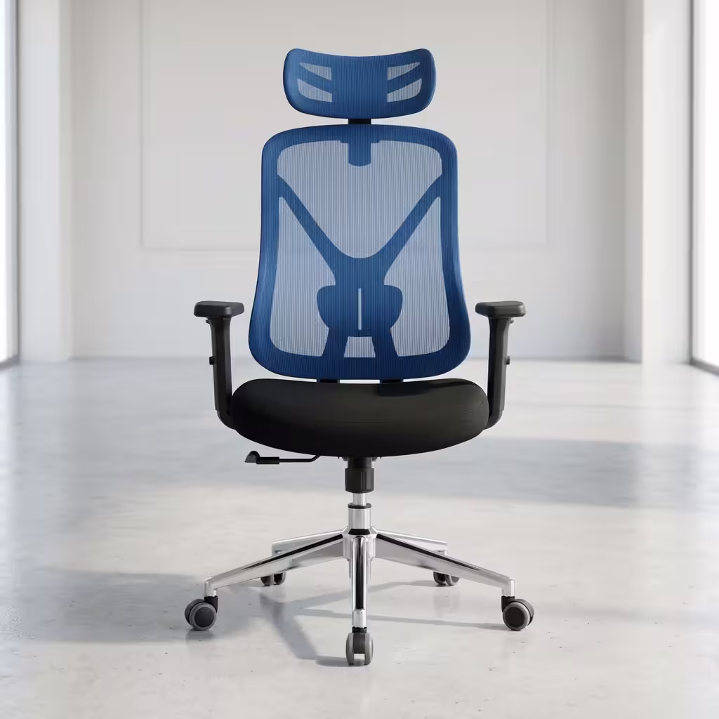 Front view of a black Ergonomic High-Back Mesh Office Chair highlighting its tall spine tracking backrest, 2D headrest, and polished chrome base. Front view of a black Ergonomic High-Back Mesh Office Chair highlighting its tall spine tracking backrest, 2D headrest, and polished chrome base.