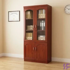 Lockable Wooden Office Cabinet with glass doors holding organized colorful file binders in a modern gray office.