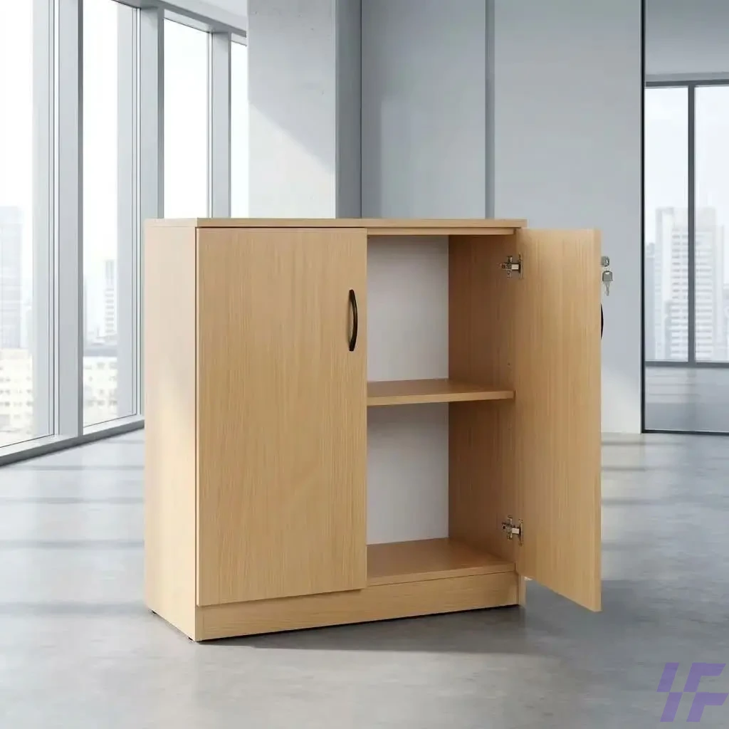 A Modern Wooden Credenza Cabinet with a light oak finish, dual doors, arched chrome handles, and a top-mounted lock, sitting on a polished concrete office floor. A Modern Wooden Credenza Cabinet with a light oak finish, dual doors, arched chrome handles, and a top-mounted lock, sitting on a polished concrete office floor.