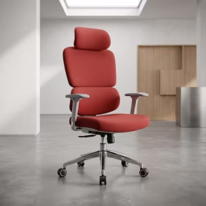 Front view of a black Robin Orthopedic High Back Office Seat highlighting its tall spine tracking backrest, 2D headrest, and polished chrome base.