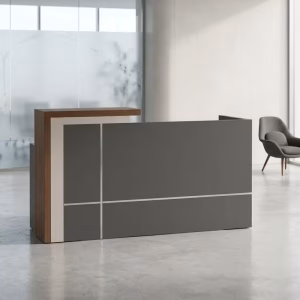 Front view of a minimalist modern 1.8m Modern Corporate Reception Desk showcasing its clean white geometric transaction counter and spacious interior workspace.